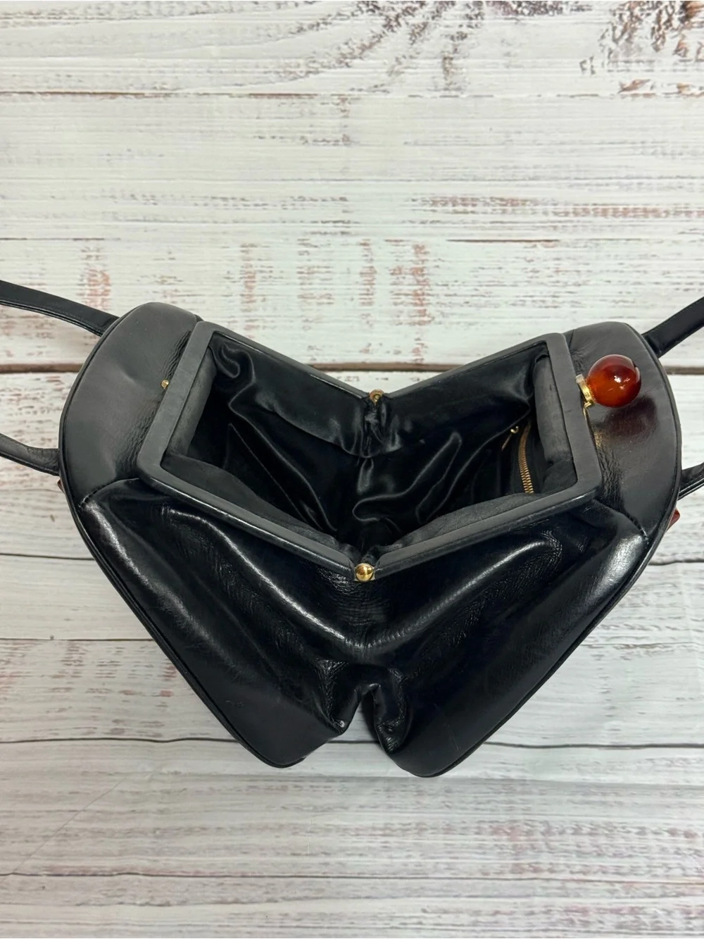Vintage Holzman Black Leather Small Double Handle Handbag With Bakelight